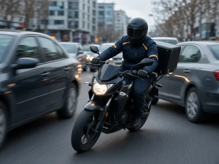 Şehir trafiğinde araçların arasından ilerleyen moto kurye