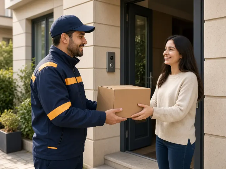 Apartman kapısında müşteriye koli teslim eden kurye