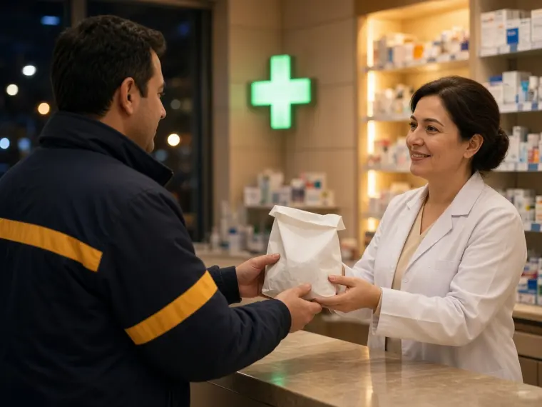 Nöbetçi eczaneden ilaç poşetini teslim alan kurye