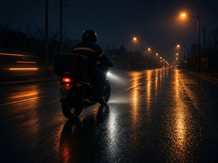 Gece ıslak yolda teslimata giden moto kurye