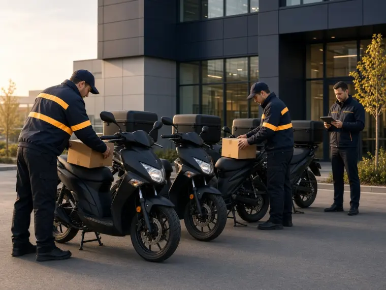 Lojistik ofisi önünde paket yükleyen kurumsal kurye filosu